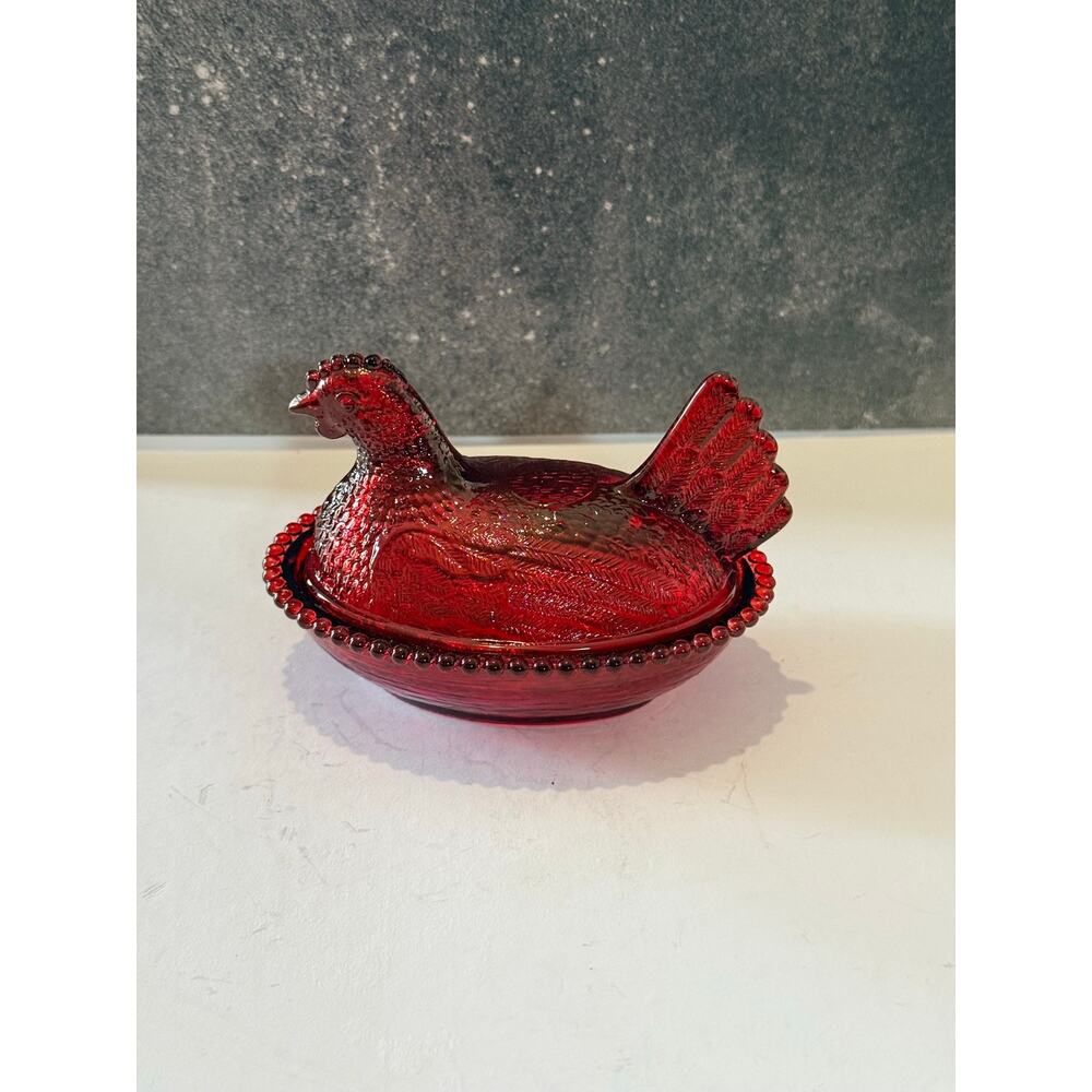 Vintage Ruby Red Glass Hen On Nest Covered  Dish Beaded Rim 5 Inch - Picture 5 of 13